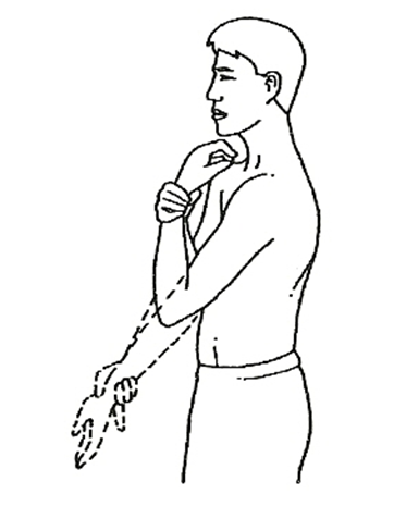 Diagram shows individual holding the wrist of the arm they want to stretch then raising forearm so hand is facing shoulder