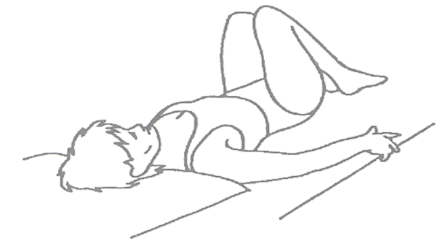 A diagram of an individual doing trunk rotations laying flat on the ground with bent knees twisting to the side