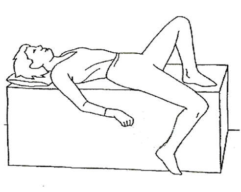 A diagram of an individual lay on edge of a bed with one leg dropping down over the side 