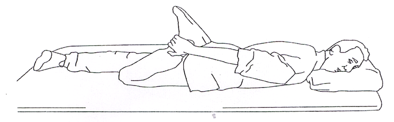 A diagram of an individual lay on their front with leg bent and grasping around the ankle to pull the foot towards their bum