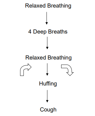 Flow diagram showing the cycle 
Relaxed breathing, 4 deep breaths, relaxed breathing, huffing, cough