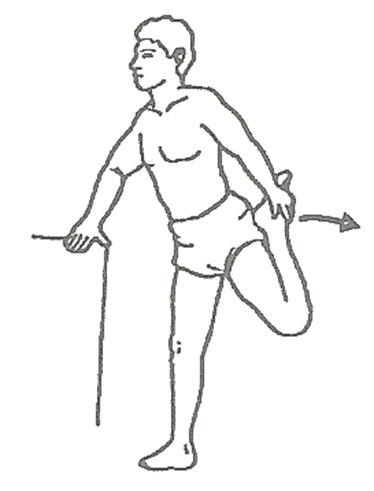 A diagram of an individual stood with leg bent and grasping around the ankle to pull the foot towards their bum they are holding something for balance