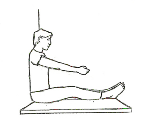 Diagram of an individual sat on ground or bed back supported legs out in front of them they are reaching towards their an7kles