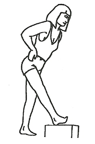 Diagram of individual stretching leg straight out in front using a step.