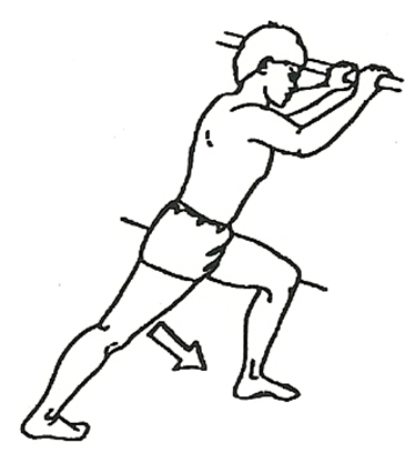 Diagram of individual stretching calf by holding wall and stretching a leg out behind them whilst bending front knee