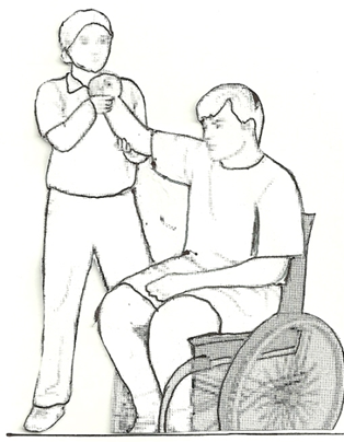 Diagram of an individual in a wheelchair having their straight arm lifted by a helper to stretch shoulder