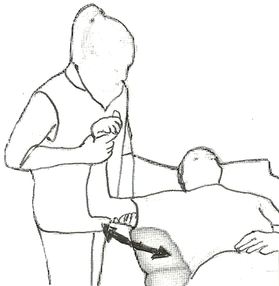 Diagram of an individual having shoulder stretched by a helper who is supporting upper arm and wrist by holding them and gently pulling arm away from the body