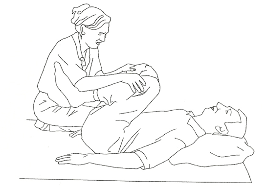A diagram of a helper aiding an individual lay flat on the ground or bed to push knees in towards their chest 