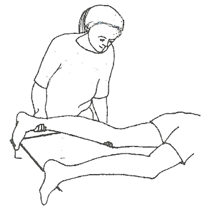 A diagram of a helper aiding an individual lay on their front with leg bent by holding ankle and bending knee so the foot moves towards their bum