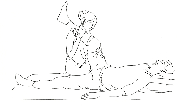 A diagram of a helper aiding an individual lay on their back by holding leg and moving it towards their body