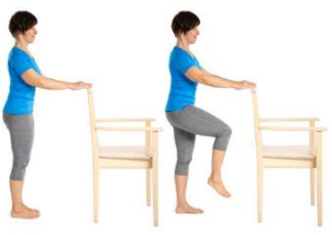 Person holding back of chair lifting operated on leg until knee is bent 