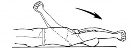 A diagram of an individual laying on the floor squeezing their hands together and stretching arms straight out above head (parallel to floor). 