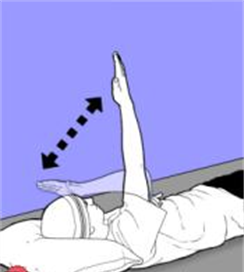 A diagram of an individual laying on the floor holding outstretched arm to sky then bending elbow to touch hand to head
