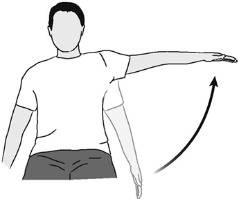 A diagram of an individual sitting on a  chair lifting straight arm out to side to shoulder height
