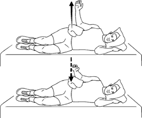 Diagram of an individual lay on their side with 90 degree bent arm resting on a folded towel. The arrow indicates arm being raised. A second image show the same but arrow indicates arm being lowered. The elbow stays supported. 