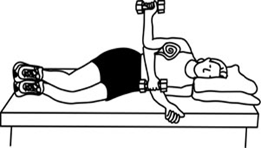 Diagram of an individual lay on their side with 90 degree bent arm resting on a folded towel holding a small weight. The weight is lifted and lowered whilst elbow stays supported. 