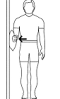 A diagram of an individual standing side on to a wall using a 90 degree bent forearm to press against a pillow 
