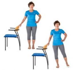 Person is holding back of chair and raising leg to side from hip. Leg straight, toes pointing forward