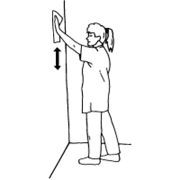 A diagram of an individual facing a wall with hand on a cloth. They are sliding the cloth up and down the wall