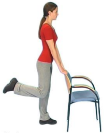 Person holding back of chair raising leg behind to bend knee