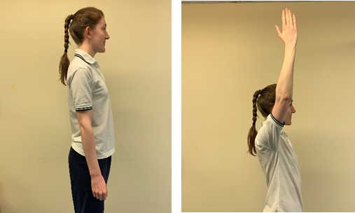An image of an individual straightening arm up from the shoulder and stretching hand up to the ceiling