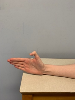 An image of a hand resting on it's side on a table with the thumb extended and being bent at the knuckle