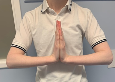 An image of an individual with hands pressed together in a prayer position, fingers and thumb straight. Hands are at chest height. Elbows are wide to each side. 
