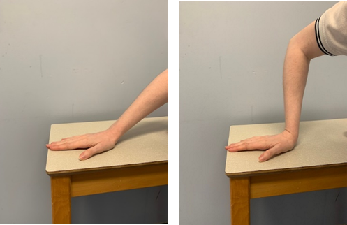 An image of a hand with straight fingers and thumb slightly extended being pressed into a table top. The forearm is straight with wrist at a 45 degree angle. A second image shows the hand in the same position but the wrist is bent at a 90 degree angle