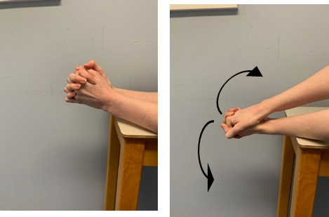 An image of forearms resting on a table the wrists on the edge and hands are clasped over the side. A second image shows the arms being rotated to turn each hand on top. Arrows show the movement. 