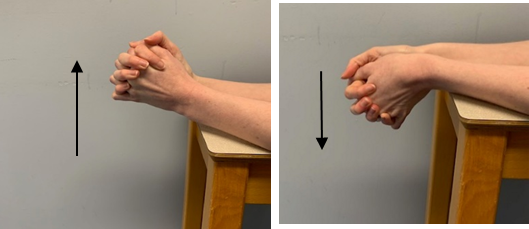 An image of forearms resting on a table the wrists on the edge and hands are clasped over the side. A second image shows the hands moving up and down. Arrows show the movement. 