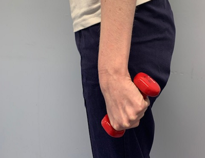 An image of a hand holding a small weight by the side of the body the arm is resting downwards.  The hand is tilting slightly up and back. 