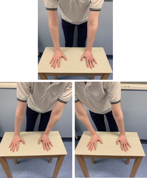 An image of an individual pressing both hands into a table top and in second and third images moving their weight side to side