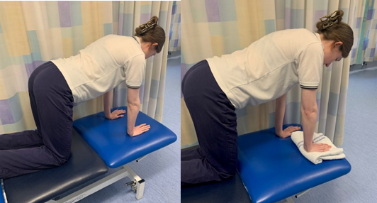 An image of an individual on their hands and knees. A second image shows the individual with a folded up towel under one hand