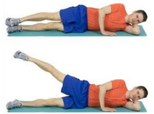 Person lay on mat on floor on their side. Head supported with lower arm then raising top leg to ceiling keeping leg straight, toes forward