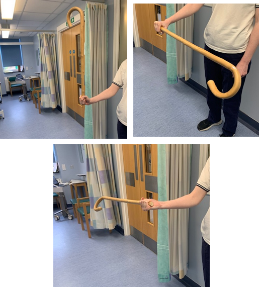 Images show an individual holding the bottom end of a walking stick so it is upright, then rotating to the left and right