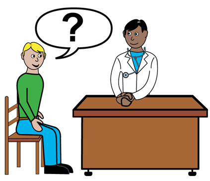 Cartoon of doctor behind desk whilst a person is sat on chair with question mark in a speech bubble