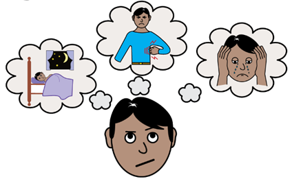 An unhappy cartoon person imagining in thought bubbles different ways they might have been made unhappy 