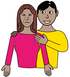 Cartoon of someone comforting an upset person with an arm around their shoulders