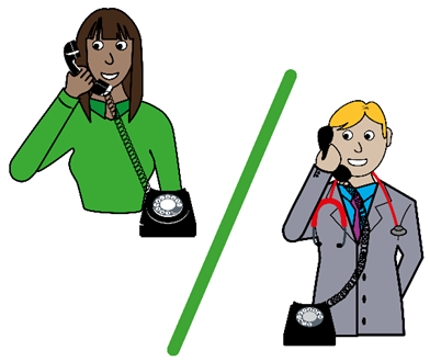 Two cartoon people talking on telephones