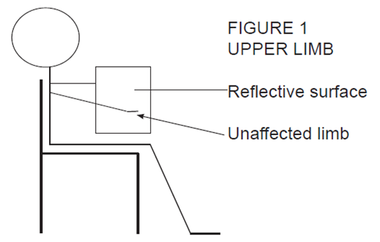 A diagram of a (stick) individual sat on a chair holding a mirror in front of their affected upper limb (arm)