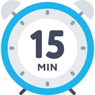 A cartoon alarm clock showing 15 mins which is usually how long it usually takes but often it is less