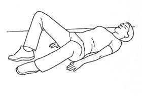 Person lay flat on back arms relaxed by sides feet together and knees out
