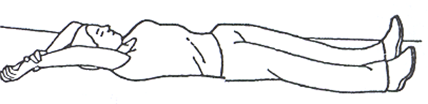 Person is lay back to floor legs out straight and arms stretched above head wrist of one arm gripped by other hand