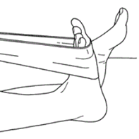One foot is held by exercise band which is pulled to stretch foot