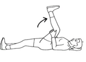 Person is lay flat on back with one leg raised towards face hands holding behind knee foot flexed. Arrow indicates movement