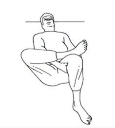 Person is lay flat on back with one knee bent foot flat on floor. Other leg is crossed on top with ankle over knee. Hands hold behind the knee of the lower leg