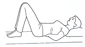 Person lays flat on surface with knees raised feet flat on floor. Hands are behind lower back supporting spine. Back is pushed into hands