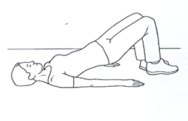 Image of person lay on back with head and shoulders flat on surface, knees bent and feet flat on floor, hips raised to sky. 