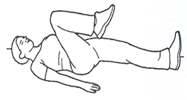 Person lay with on back with straight legs.  Leg is lifted and lowered bending at knee. 