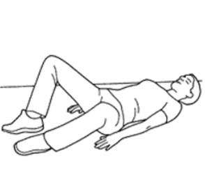 Person lay flat on back arms relaxed by side knees out feet together 